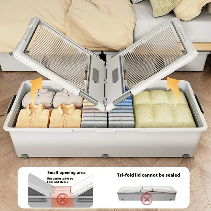 Under Bed Clothes Bedding PP Storage Box Foldable Double-Sided Lid Dustproof Organizer with Wheels, 100x50x13.5cm - White - 2