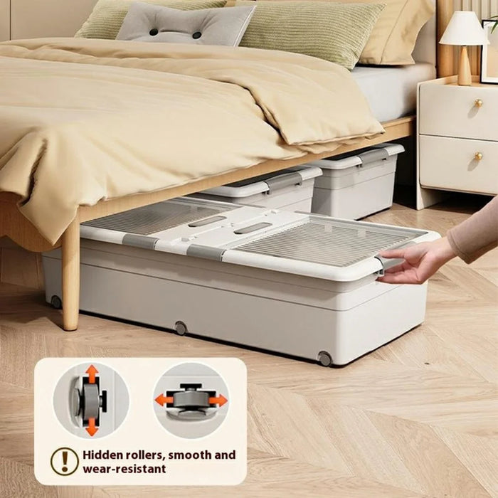 Under Bed Clothes Bedding PP Storage Box Foldable Double-Sided Lid Dustproof Organizer with Wheels, 100x50x13.5cm - White - 3