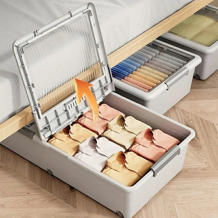 Under Bed Clothes Bedding PP Storage Box Foldable Double-Sided Lid Dustproof Organizer with Wheels, 100x50x13.5cm - White - 4