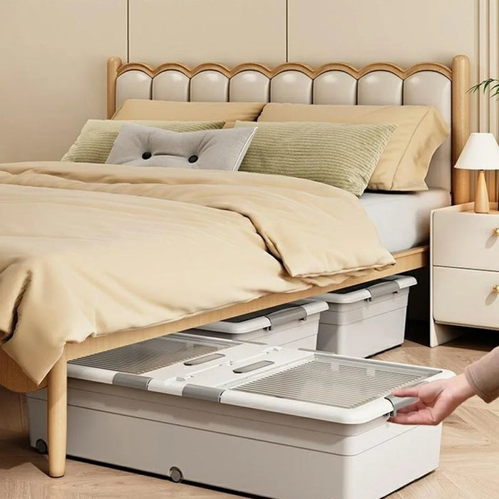 Under Bed Clothes Bedding PP Storage Box Foldable Double-Sided Lid Dustproof Organizer with Wheels, 100x50x13.5cm - White - 5