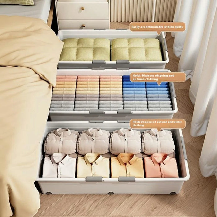 Under Bed Clothes Bedding PP Storage Box Foldable Double-Sided Lid Dustproof Organizer with Wheels, 100x50x13.5cm - White - 6
