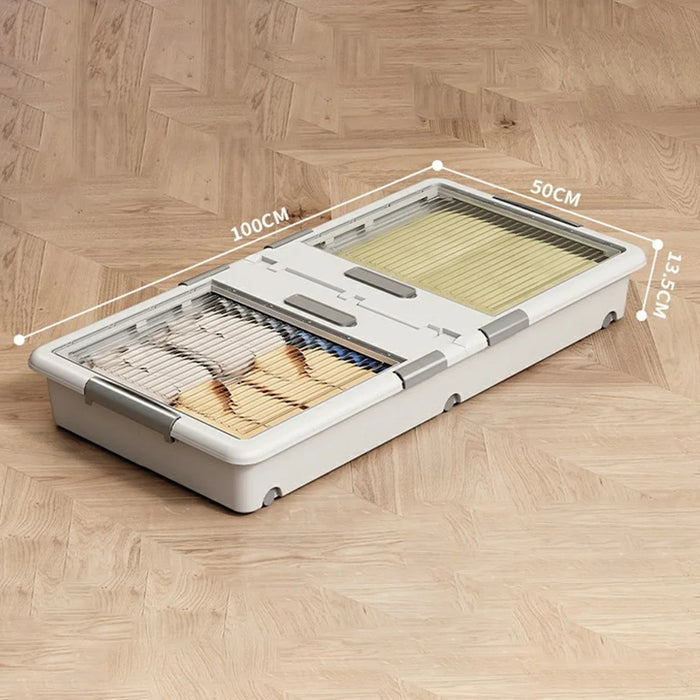 Under Bed Clothes Bedding PP Storage Box Foldable Double-Sided Lid Dustproof Organizer with Wheels, 100x50x13.5cm - White - 7