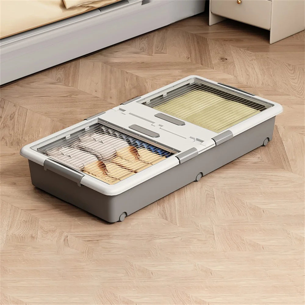Under Bed Clothes Bedding PP Storage Box Foldable Double-Sided Lid Dustproof Organizer with Wheels, 100x50x16.5cm - Grey - 1