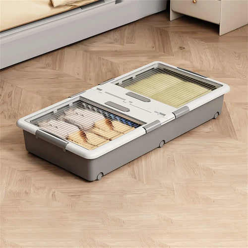 Under Bed Clothes Bedding PP Storage Box Foldable Double-Sided Lid Dustproof Organizer with Wheels, 100x50x16.5cm - Grey - 1