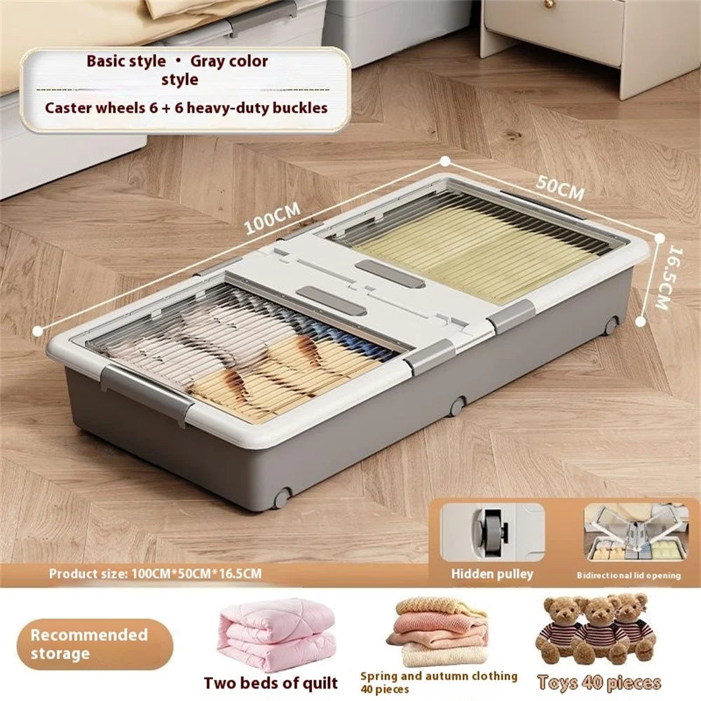 Under Bed Clothes Bedding PP Storage Box Foldable Double-Sided Lid Dustproof Organizer with Wheels, 100x50x16.5cm - Grey - 2