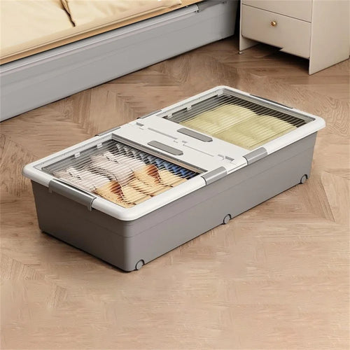 Under Bed Clothes Bedding PP Storage Box Foldable Double-Sided Lid Dustproof Organizer with Wheels, 100x50x20cm - Grey - 1