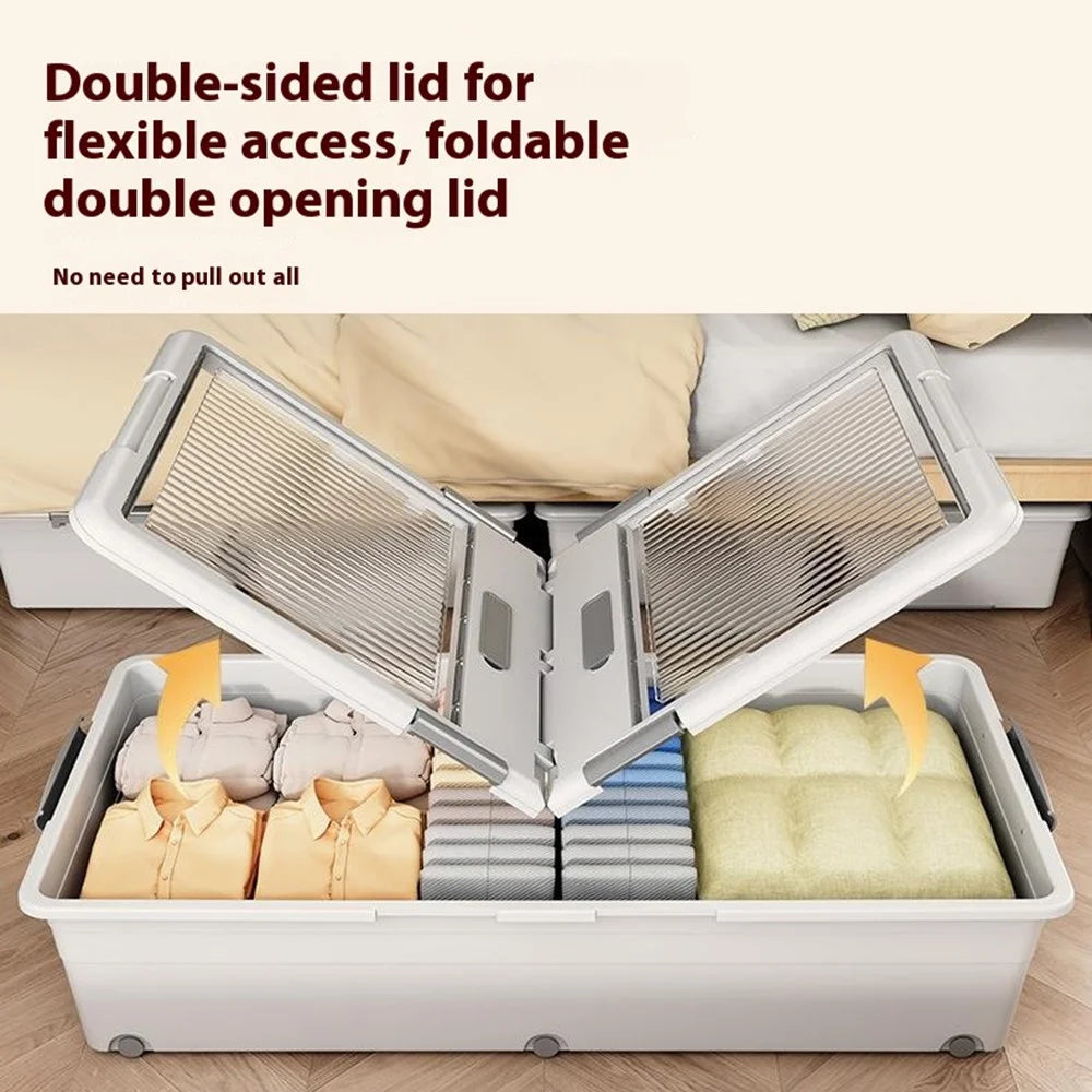 Under Bed Clothes Bedding PP Storage Box Foldable Double-Sided Lid Dustproof Organizer with Wheels, 100x50x20cm - Grey - 4