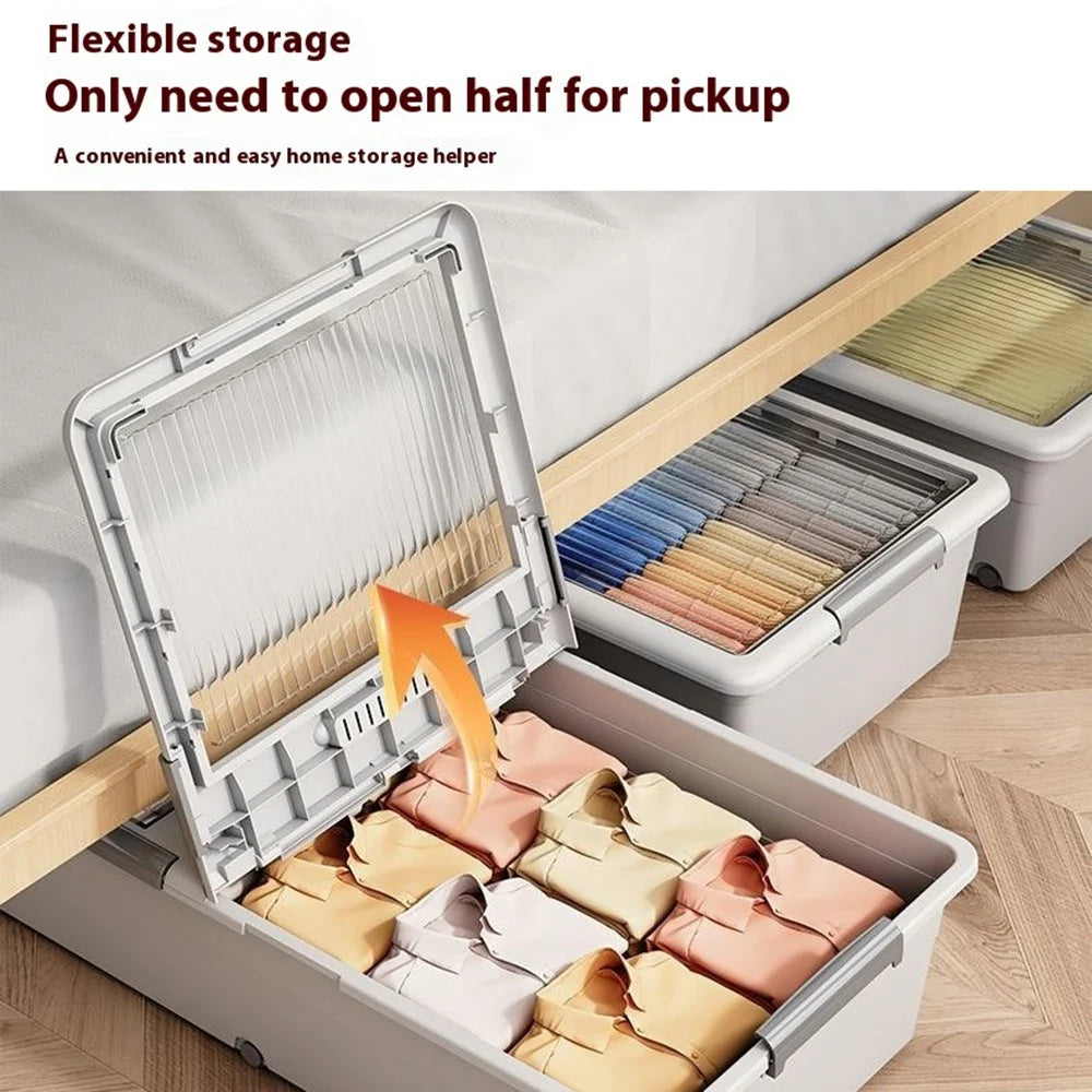 Under Bed Clothes Bedding PP Storage Box Foldable Double-Sided Lid Dustproof Organizer with Wheels, 100x50x20cm - Grey - 7