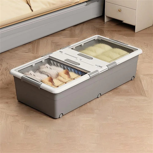 Under Bed Clothes Bedding PP Storage Box Foldable Double-Sided Lid Dustproof Organizer with Wheels, 100x50x23.5cm - Grey - 1