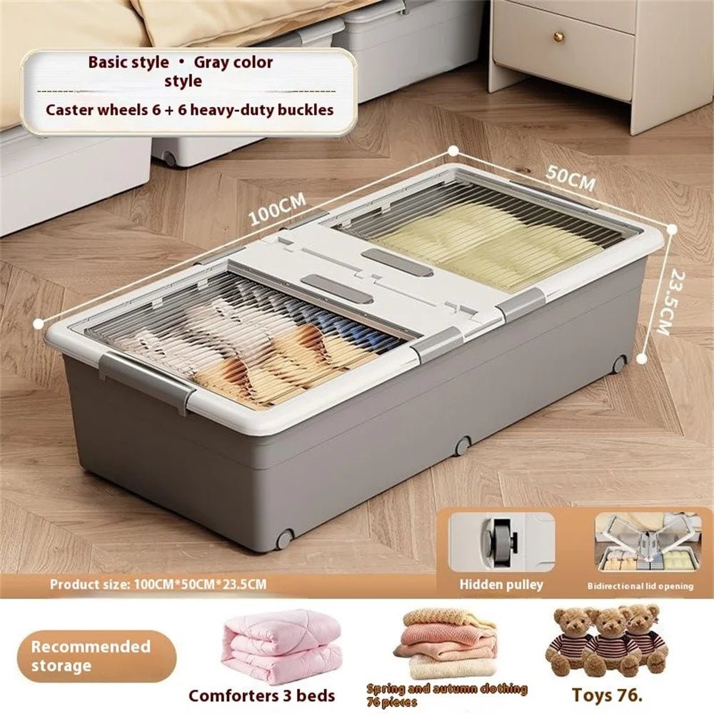 Under Bed Clothes Bedding PP Storage Box Foldable Double-Sided Lid Dustproof Organizer with Wheels, 100x50x23.5cm - Grey - 2