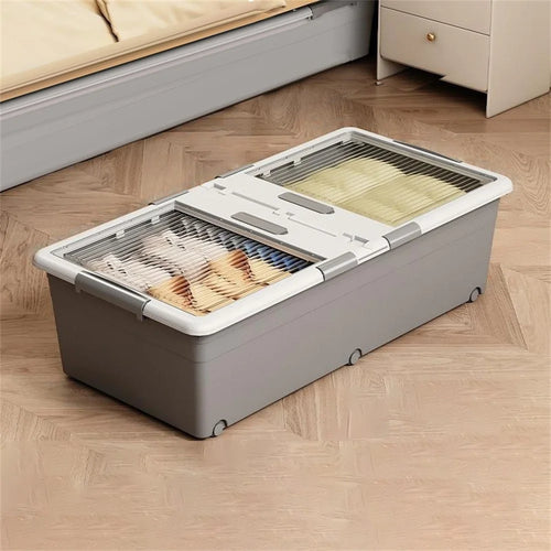Under Bed Clothes Bedding PP Storage Box Foldable Double-Sided Lid Dustproof Organizer with Wheels, 100x50x28.5cm - Grey - 1
