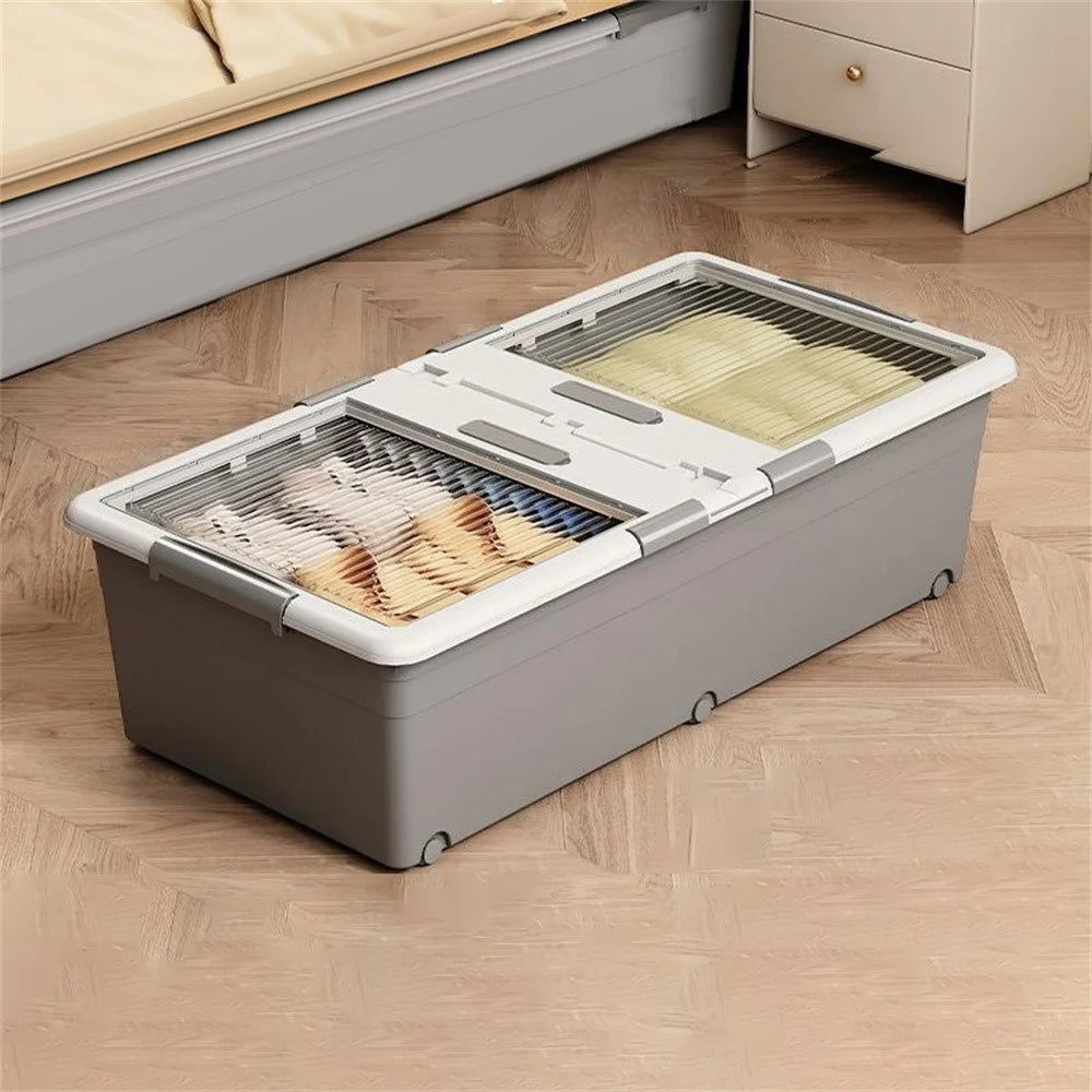 Under Bed Clothes Bedding PP Storage Box Foldable Double-Sided Lid Dustproof Organizer with Wheels, 100x50x28.5cm - Grey - 1