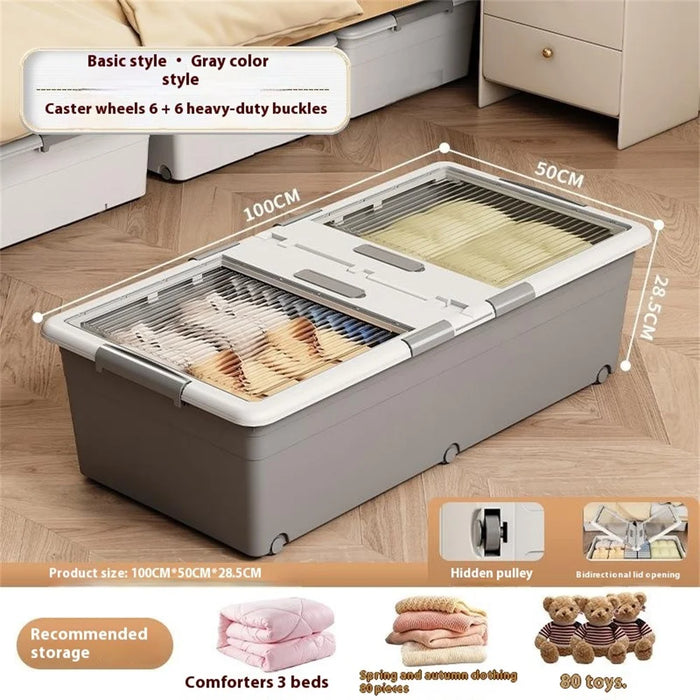 Under Bed Clothes Bedding PP Storage Box Foldable Double-Sided Lid Dustproof Organizer with Wheels, 100x50x28.5cm - Grey - 2