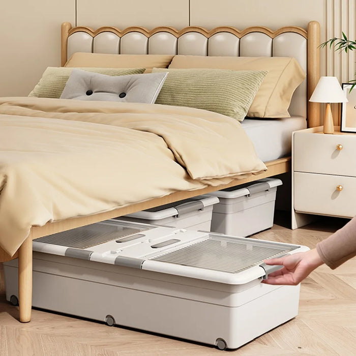Under Bed Clothes Bedding PP Storage Box Foldable Double-Sided Lid Dustproof Organizer with Wheels, 100x50x28.5cm - Grey - 3