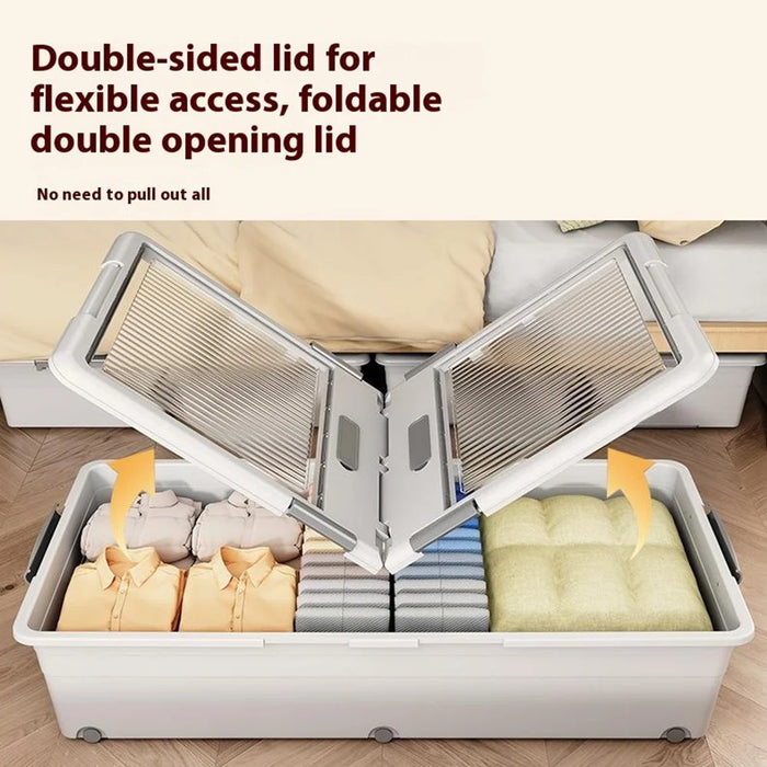Under Bed Clothes Bedding PP Storage Box Foldable Double-Sided Lid Dustproof Organizer with Wheels, 100x50x28.5cm - Grey - 4