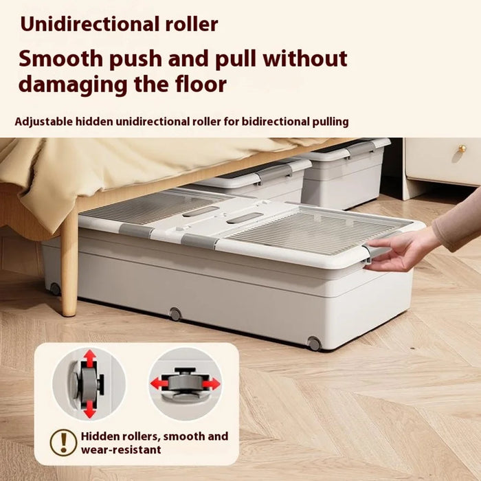 Under Bed Clothes Bedding PP Storage Box Foldable Double-Sided Lid Dustproof Organizer with Wheels, 100x50x28.5cm - Grey - 5