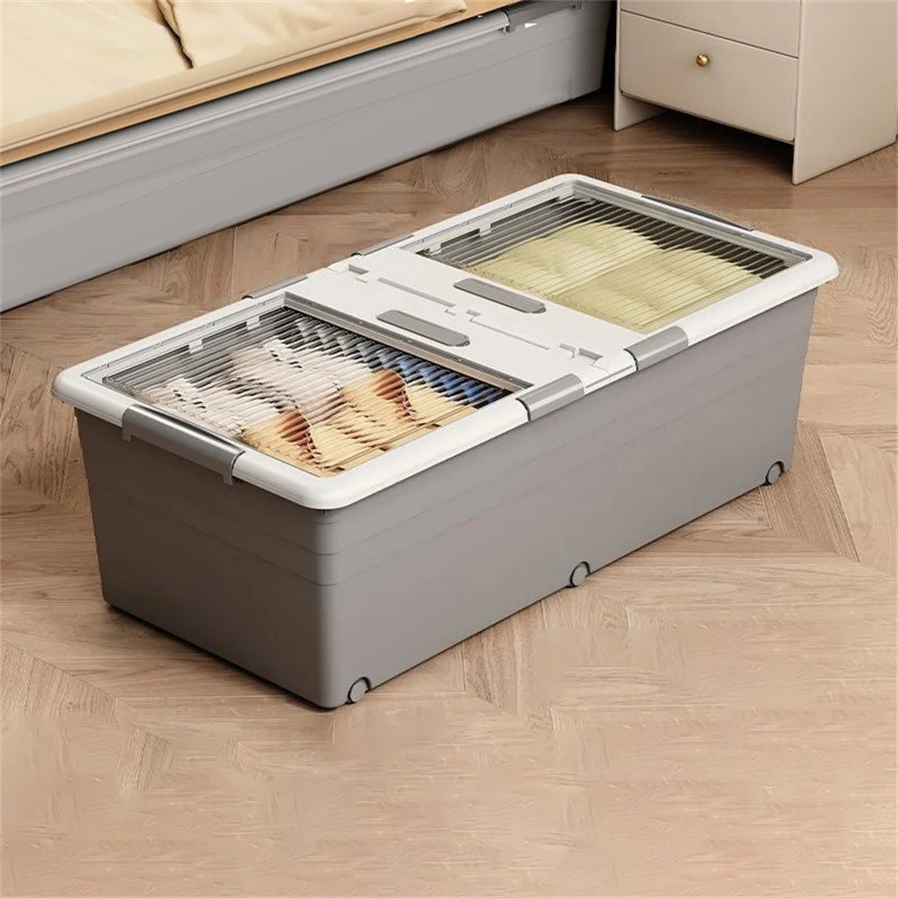 Under Bed Clothes Bedding PP Storage Box Foldable Double-Sided Lid Dustproof Organizer with Wheels, 100x50x32.5cm - Grey - 1