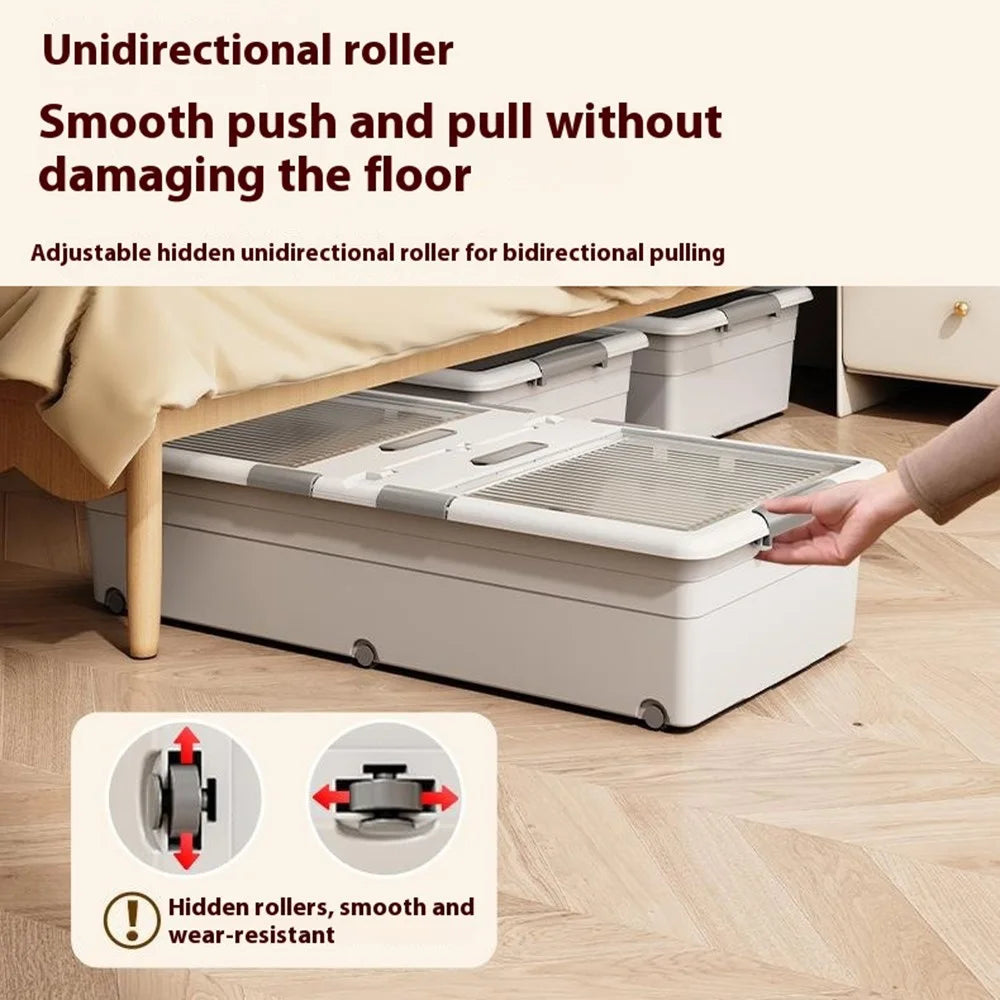 Under Bed Clothes Bedding PP Storage Box Foldable Double-Sided Lid Dustproof Organizer with Wheels, 100x50x32.5cm - Grey - 5