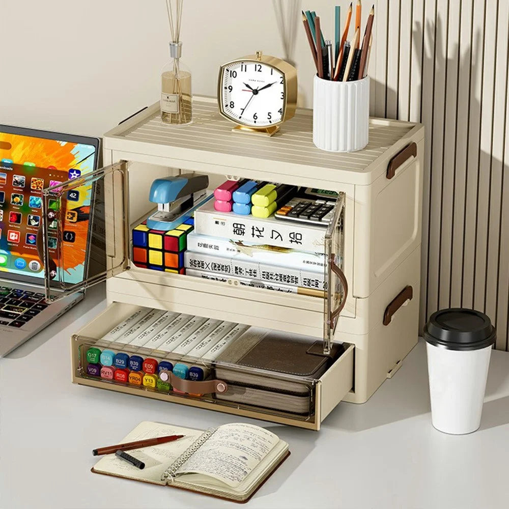 1-Layer Cabinet + 1-Layer Drawer Desktop PP Organizer Transparent Door Stationery Cosmetics Storage Box - 2