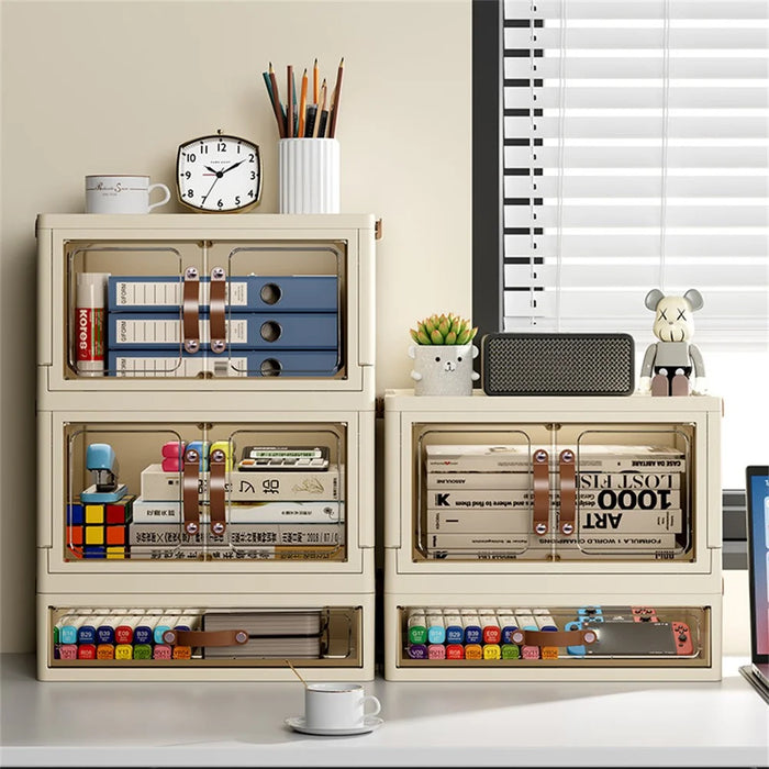 2-Layer Cabinet + 1-Layer Drawer Desktop PP Organizer Transparent Door Stationery Cosmetics Storage Box - 3
