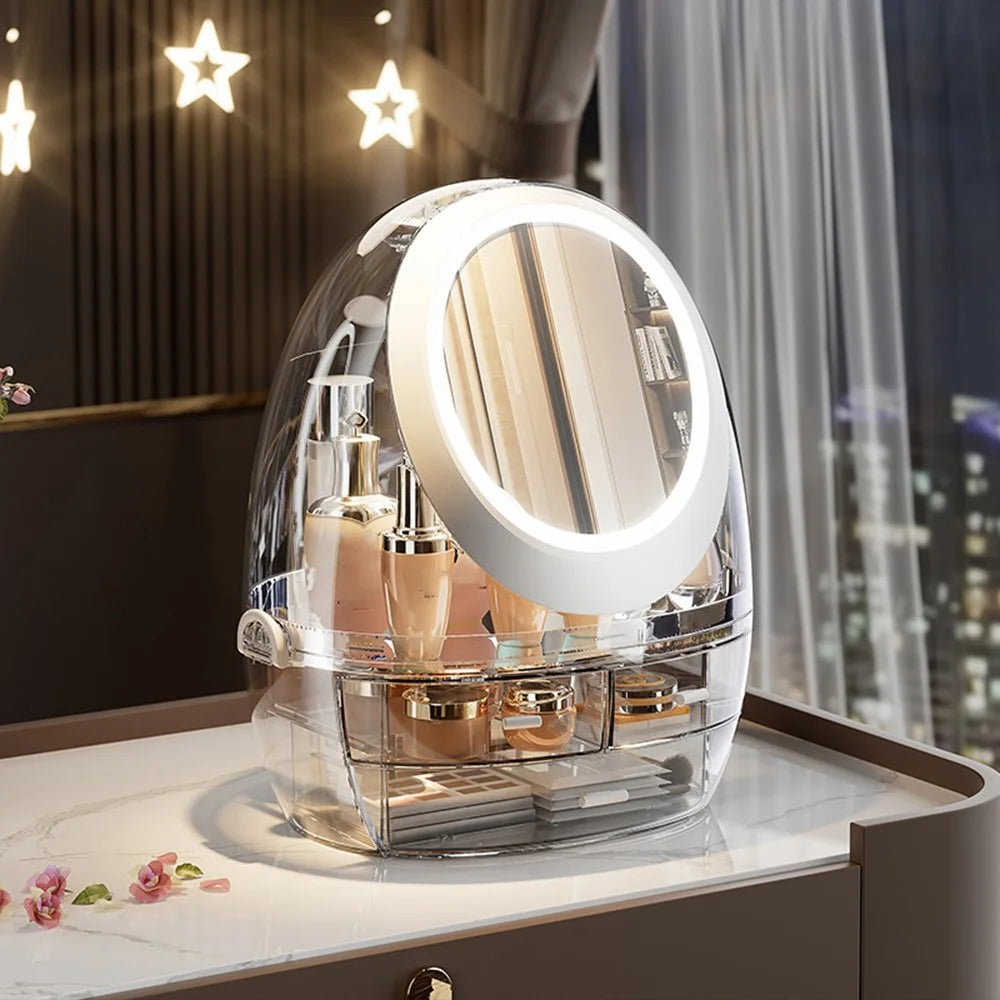 Makeup Organizer Desktop Vanity Cosmetic Storage Box with Rotating LED Light Mirror - 1