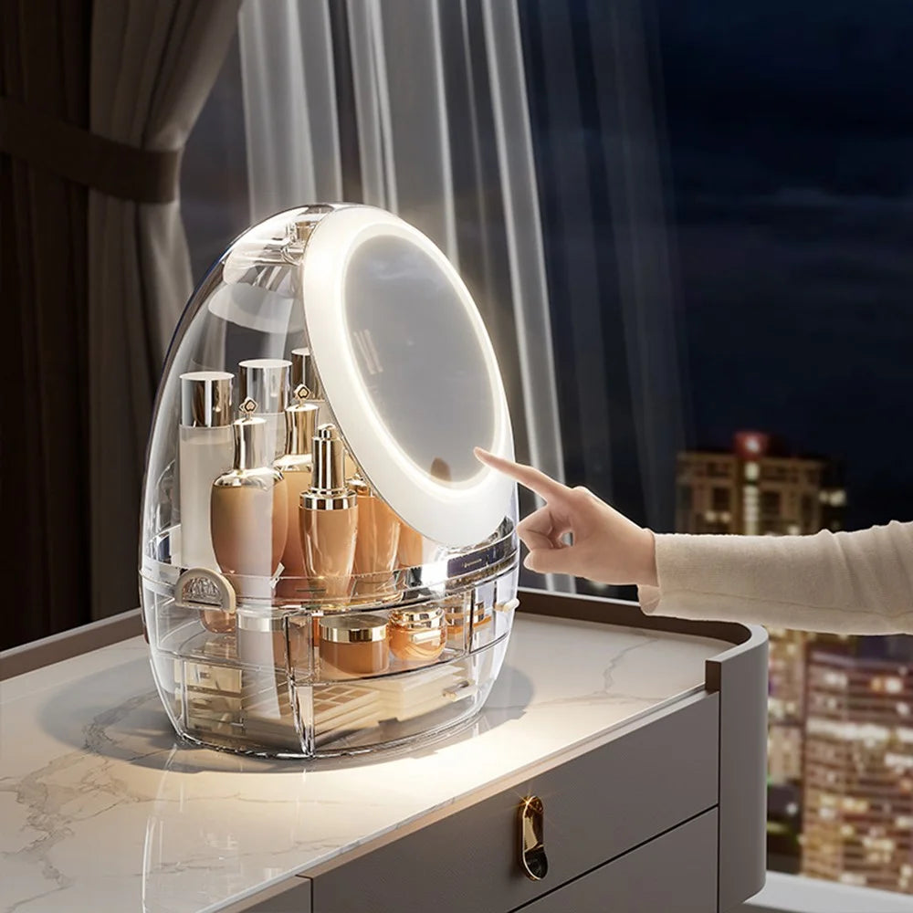 Makeup Organizer Desktop Vanity Cosmetic Storage Box with Rotating LED Light Mirror - 2