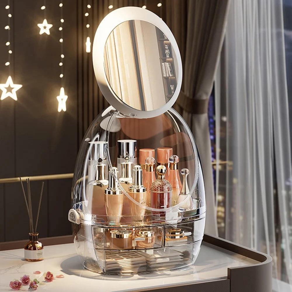 Makeup Organizer Desktop Vanity Cosmetic Storage Box with Rotating LED Light Mirror - 3