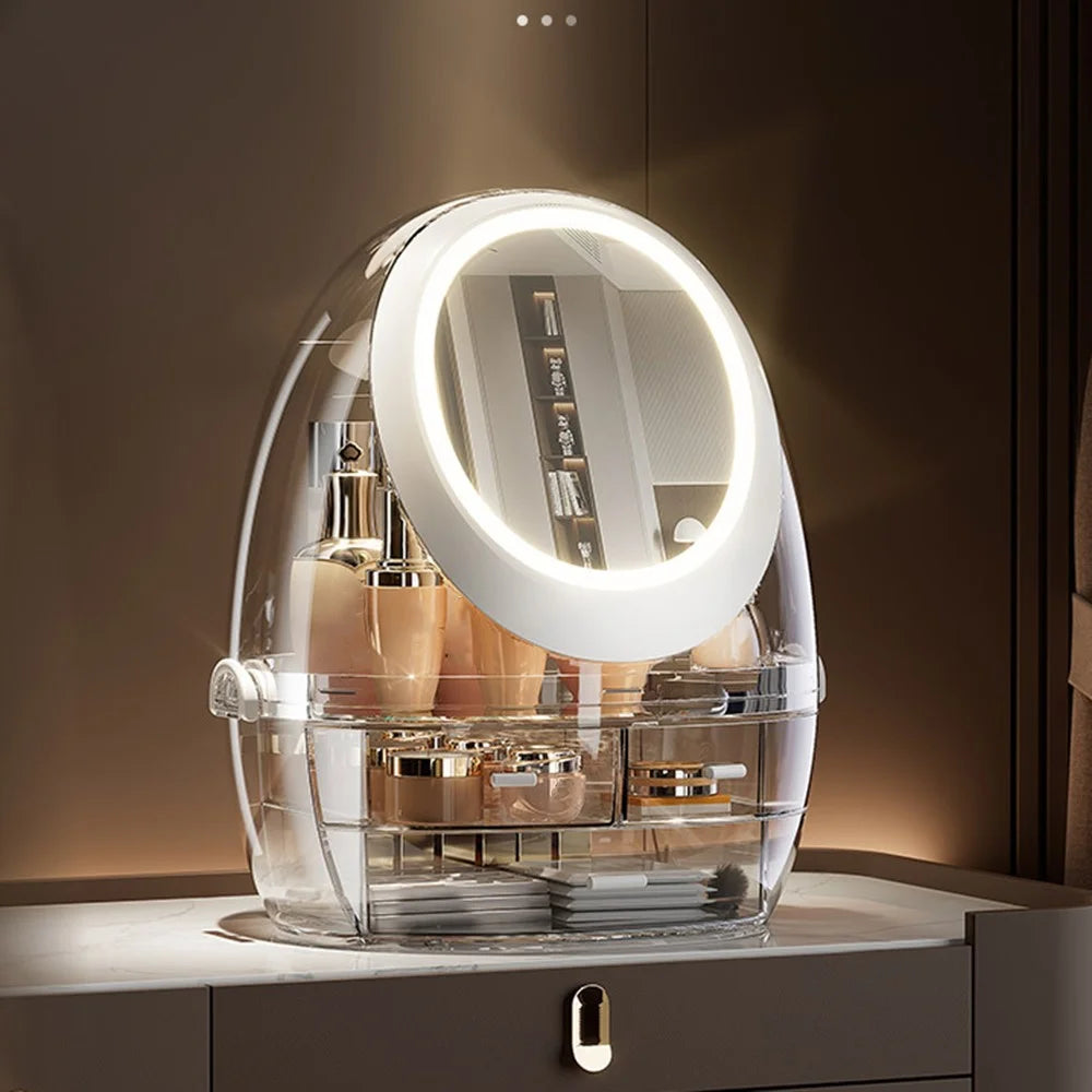 Makeup Organizer Desktop Vanity Cosmetic Storage Box with Rotating LED Light Mirror - 4