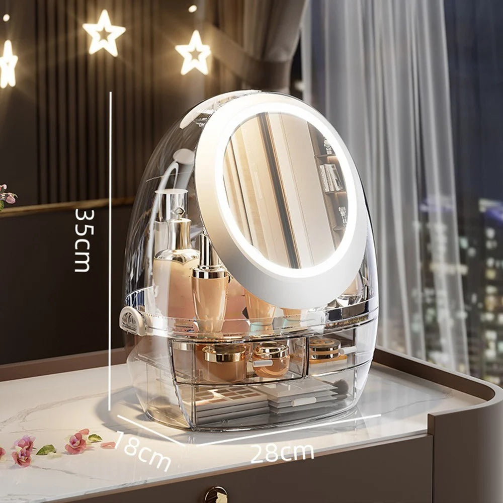 Makeup Organizer Desktop Vanity Cosmetic Storage Box with Rotating LED Light Mirror - 5