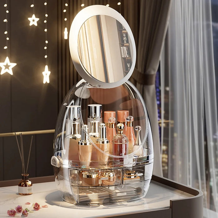 Rotating Mirror Makeup Organizer Vanity Double Layer Drawer Transparent Cosmetic Storage Box (without LED Light) - 2