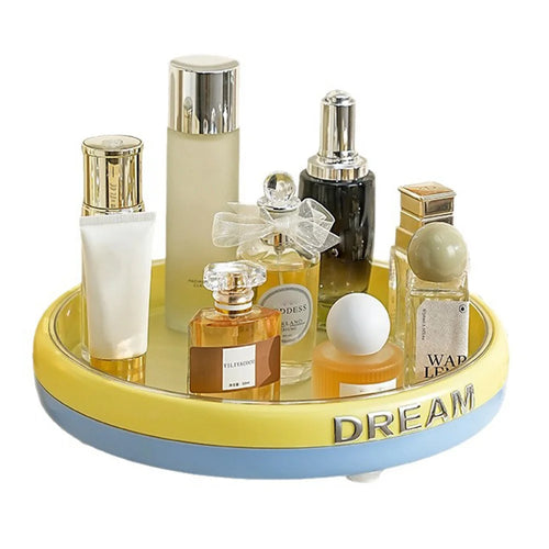 Multifunctional Rotating Desktop Organizer Large Capacity Round Storage Tray for Cosmetics Fruit Aromatherapy - Blue+Yellow+Transparent - 1