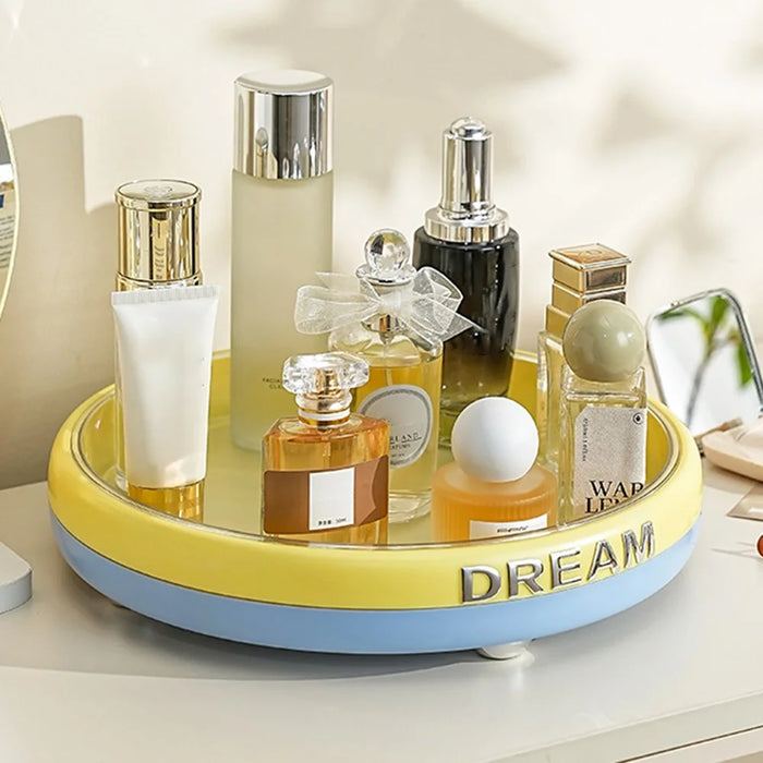 Multifunctional Rotating Desktop Organizer Large Capacity Round Storage Tray for Cosmetics Fruit Aromatherapy - Blue+Yellow+Transparent - 2