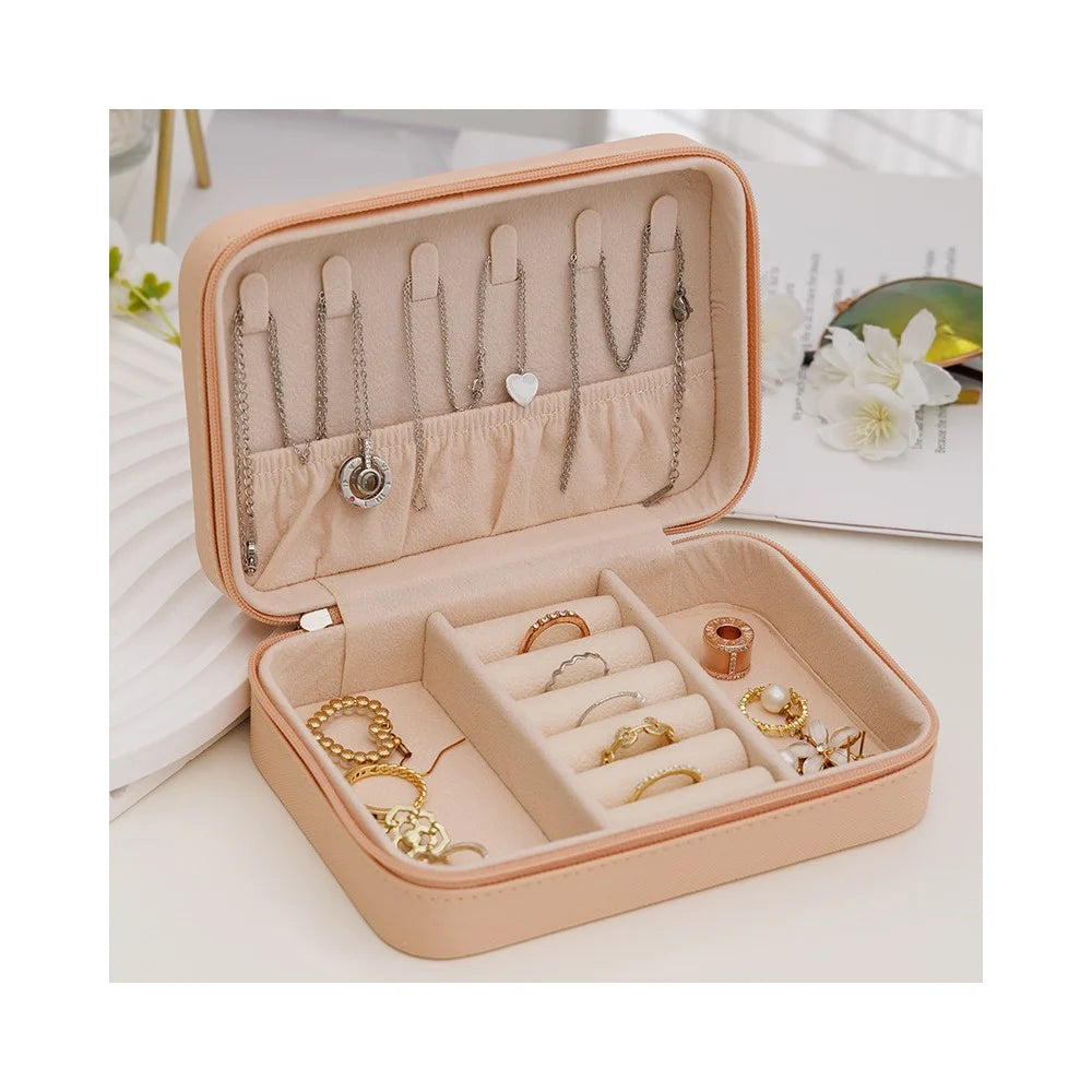 Portable Jewelry Organizer Box Leather Storage Case Multi-Compartment for Home Travel Use - Pink - 3