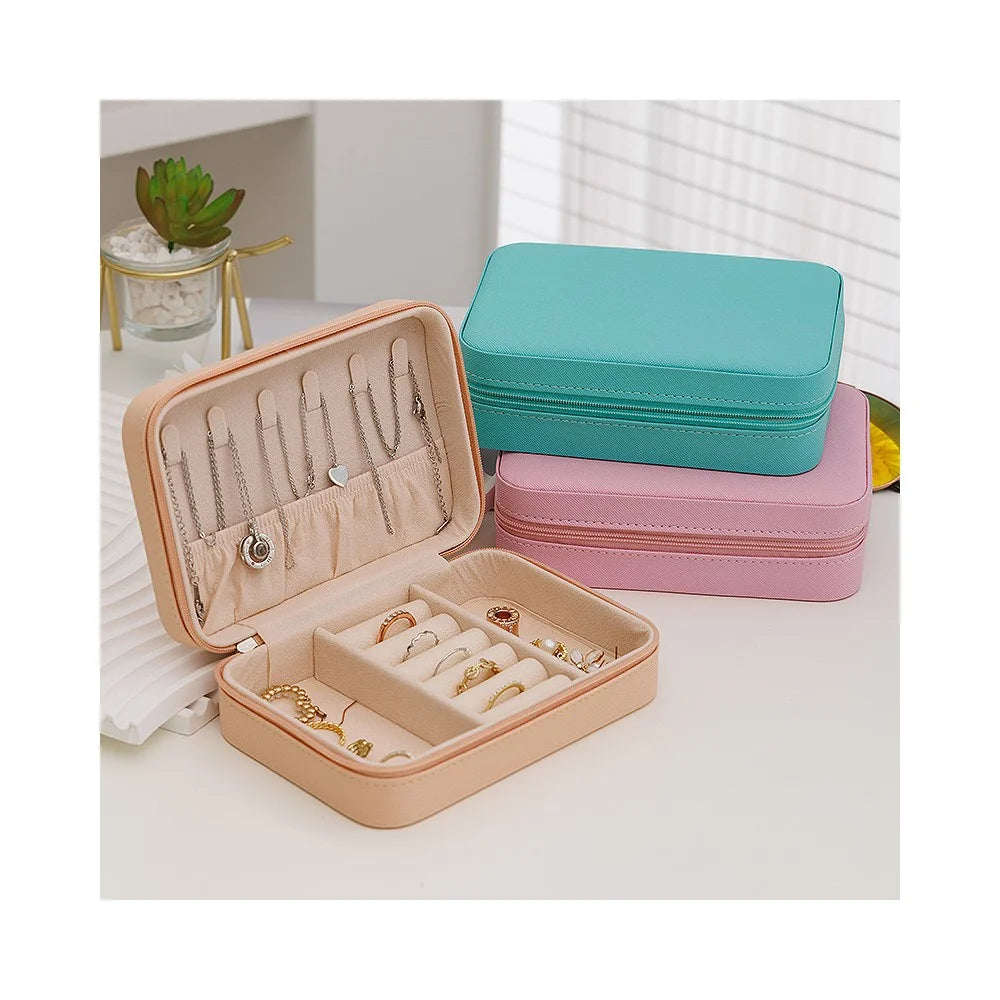 Portable Jewelry Organizer Box Leather Storage Case Multi-Compartment for Home Travel Use - Pink - 4