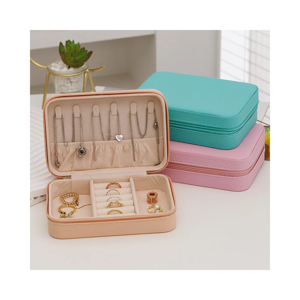 Portable Jewelry Organizer Box Leather Storage Case Multi-Compartment for Home Travel Use - Pink - 5