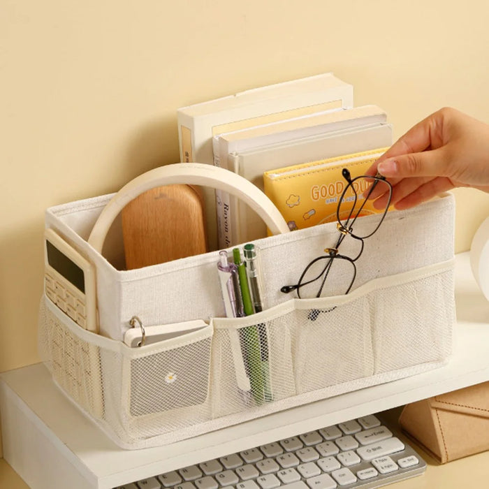 Foldable Desktop Organizer Box Multi-Compartment Storage Container for Cosmetics Jewelry Miscellaneous Items - Beige - 2