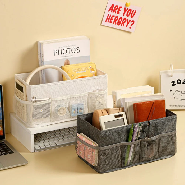 Foldable Desktop Organizer Box Multi-Compartment Storage Container for Cosmetics Jewelry Miscellaneous Items - Beige - 3
