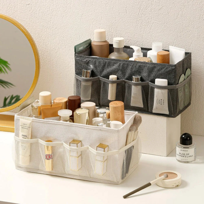 Foldable Desktop Organizer Box Multi-Compartment Storage Container for Cosmetics Jewelry Miscellaneous Items - Beige - 4