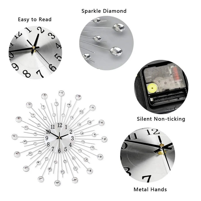 WM97 50 x 50cm Wrought Iron Wall Clock for Living Room Home Decor Quartz Clock Rhinestone Accents - 3