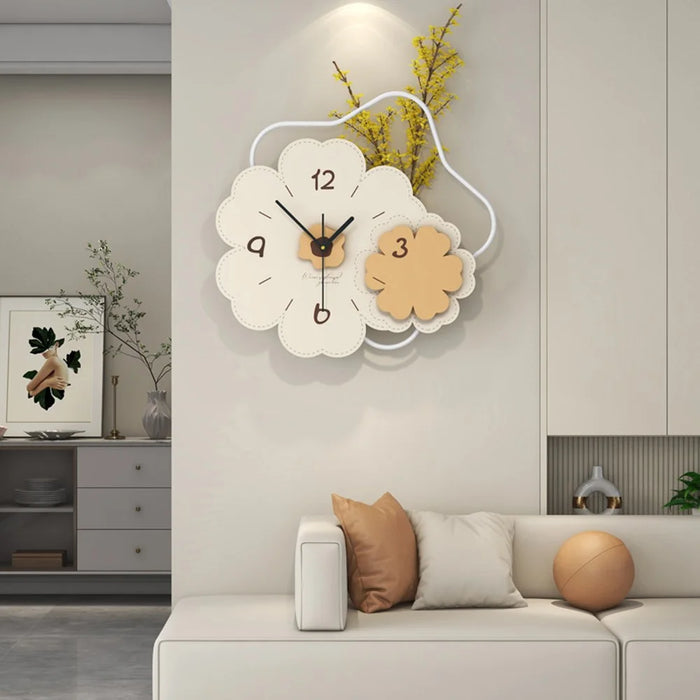JT23206 Modern Floral Wall Clock Wood Metal Silent Clock for Living Room Bedroom Decor - 2