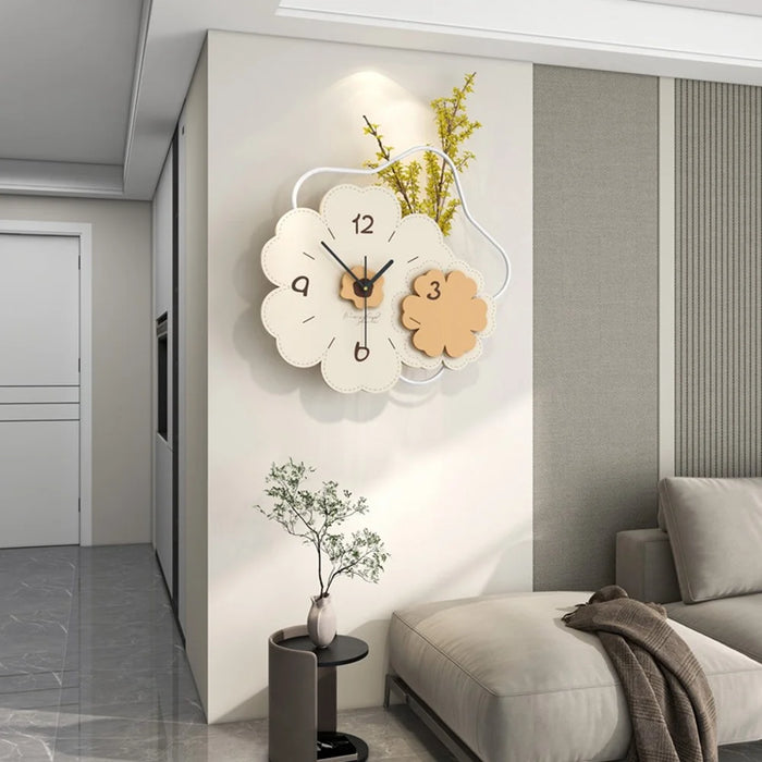 JT23206 Modern Floral Wall Clock Wood Metal Silent Clock for Living Room Bedroom Decor - 5