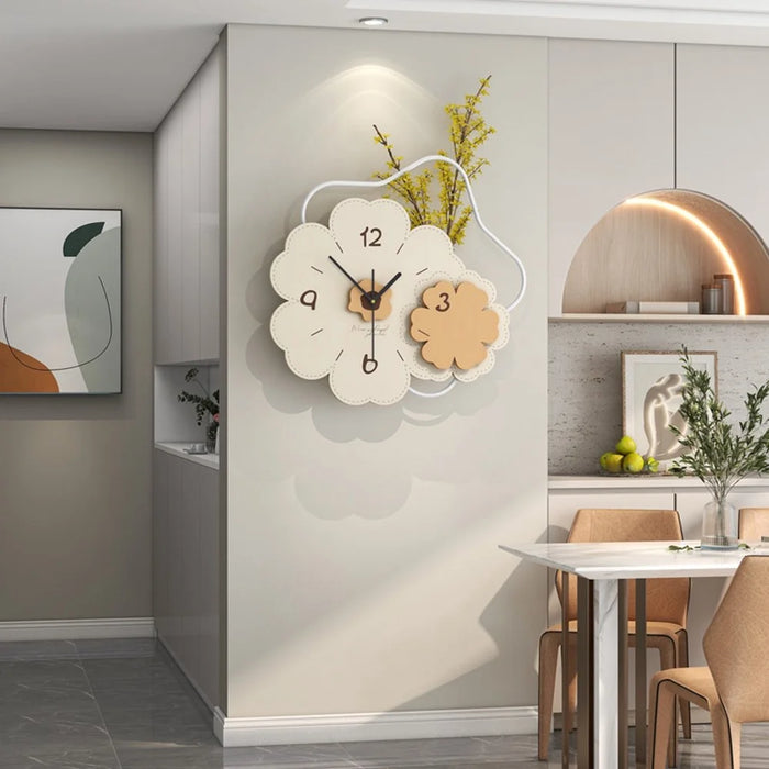 JT23206 Modern Floral Wall Clock Wood Metal Silent Clock for Living Room Bedroom Decor - 6