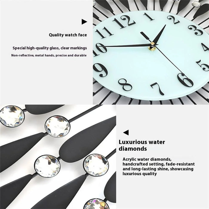 Creative Iron Glass Wall Clock Decorative Silent Quartz Clock for Living Room, 38x38cm - Black - 5