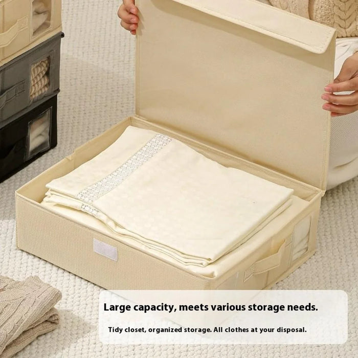 Folding Bedding Storage Box with Lid / Clear Window / Dust-Proof Fabric Container for Home Organization - Beige - 2