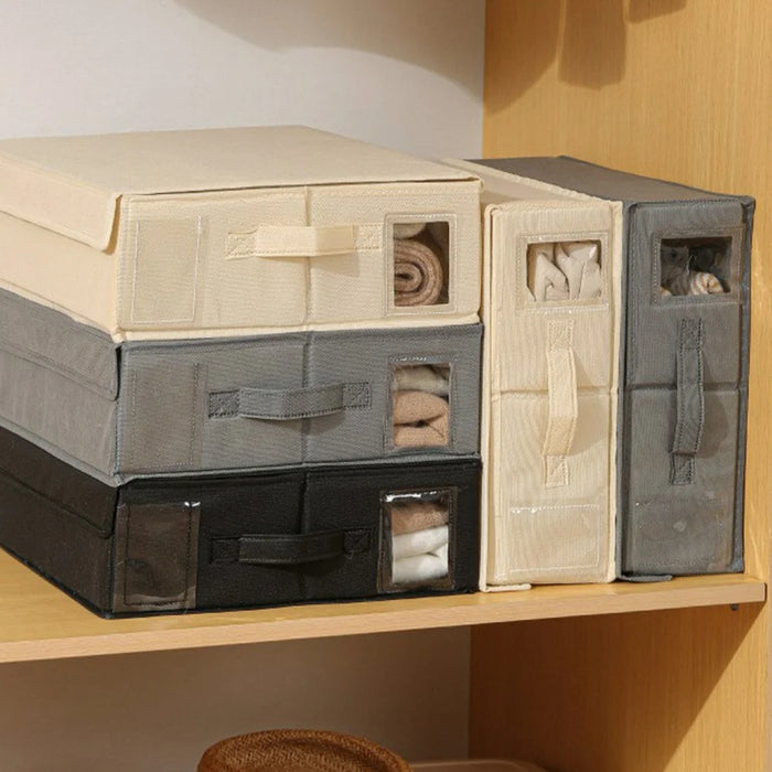 Folding Bedding Storage Box with Lid / Clear Window / Dust-Proof Fabric Container for Home Organization - Beige - 6