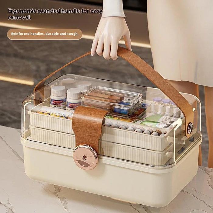 3-Layer Folding Medicine Storage Box Portable First Aid Medical Case with Safety Lock for Home - White - 3