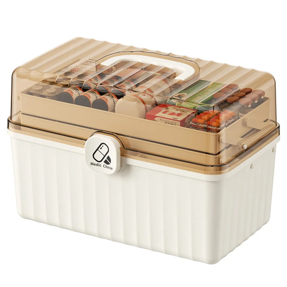 3-Layer Foldable Medicine Storage Box 32 x 17 x 22cm Portable First Aid Organizer for Home - White - 1
