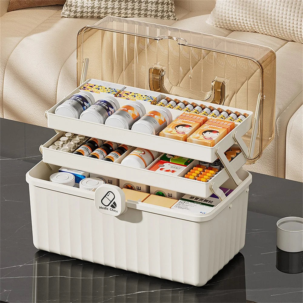 3-Layer Foldable Medicine Storage Box 32 x 17 x 22cm Portable First Aid Organizer for Home - White - 2