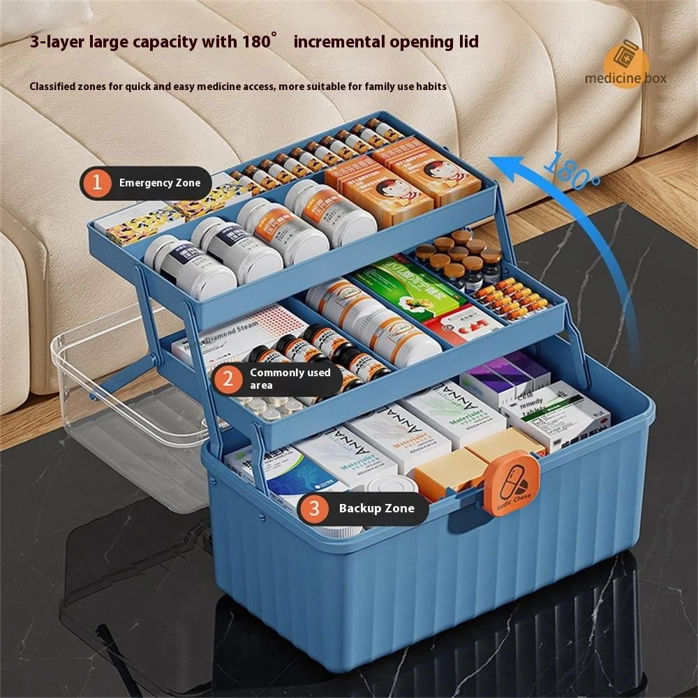 3-Layer Foldable Medicine Storage Box 32 x 17 x 22cm Portable First Aid Organizer for Home - White - 3