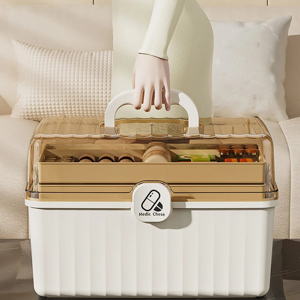 3-Layer Foldable Medicine Storage Box 32 x 17 x 22cm Portable First Aid Organizer for Home - White - 4